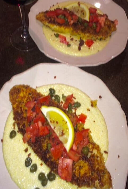 Panko Pompano with Creamy Grits and fresh Pico topping